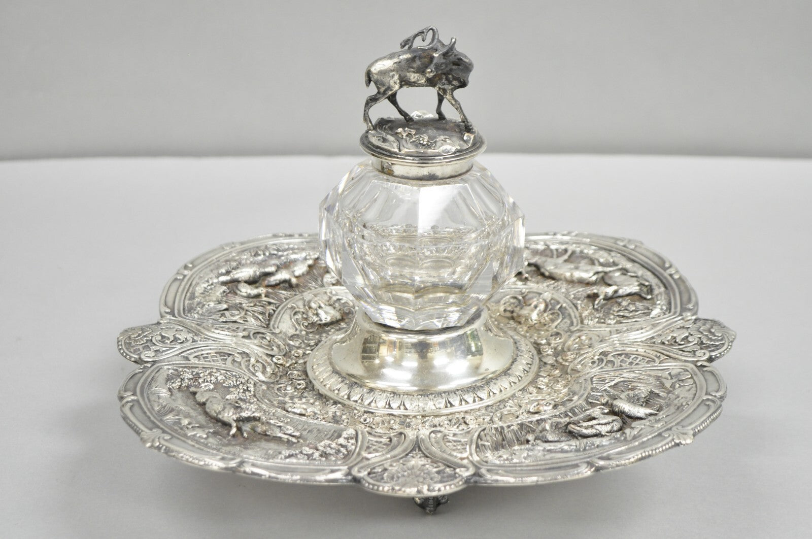 Antique English Victorian Stag Mounted Crystal Glass Inkwell Silver Plated Tray