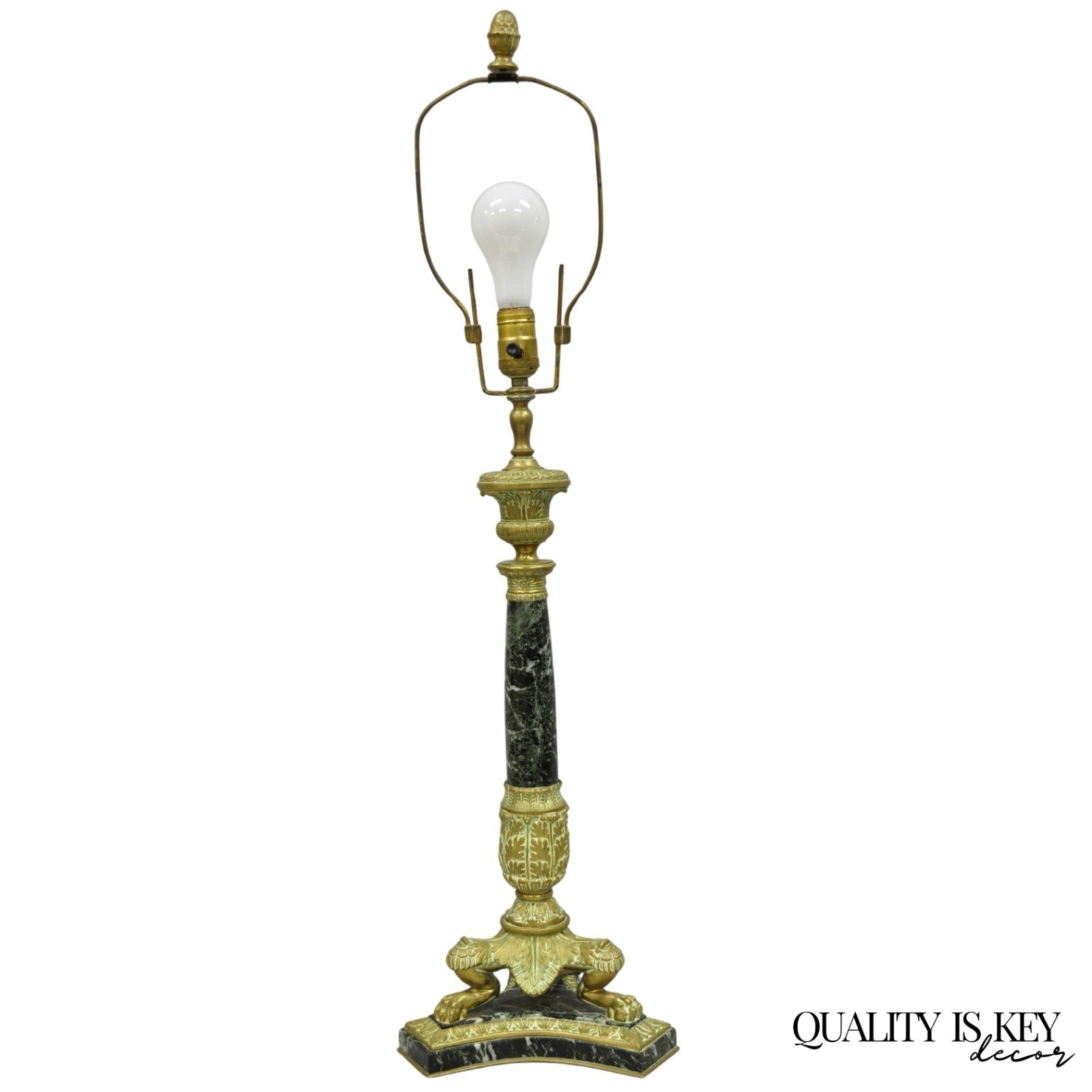 Antique French Empire Regency Gilt Bronze & Marble Column Paw Foot Table Lamp