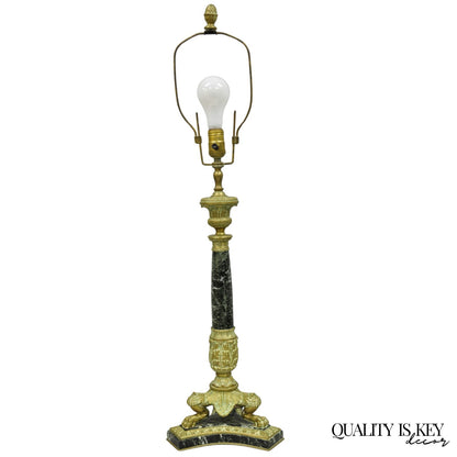 Antique French Empire Regency Gilt Bronze & Marble Column Paw Foot Table Lamp