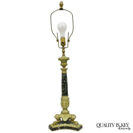 Antique French Empire Regency Gilt Bronze & Marble Column Paw Foot Table Lamp