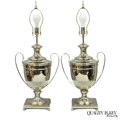 English Regency Style French Empire Silver Plated Large Urn Table Lamps - Pair