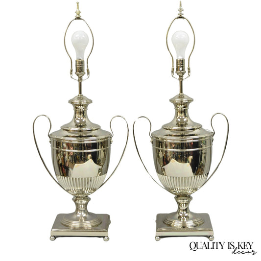 English Regency Style French Empire Silver Plated Large Urn Table Lamps - Pair