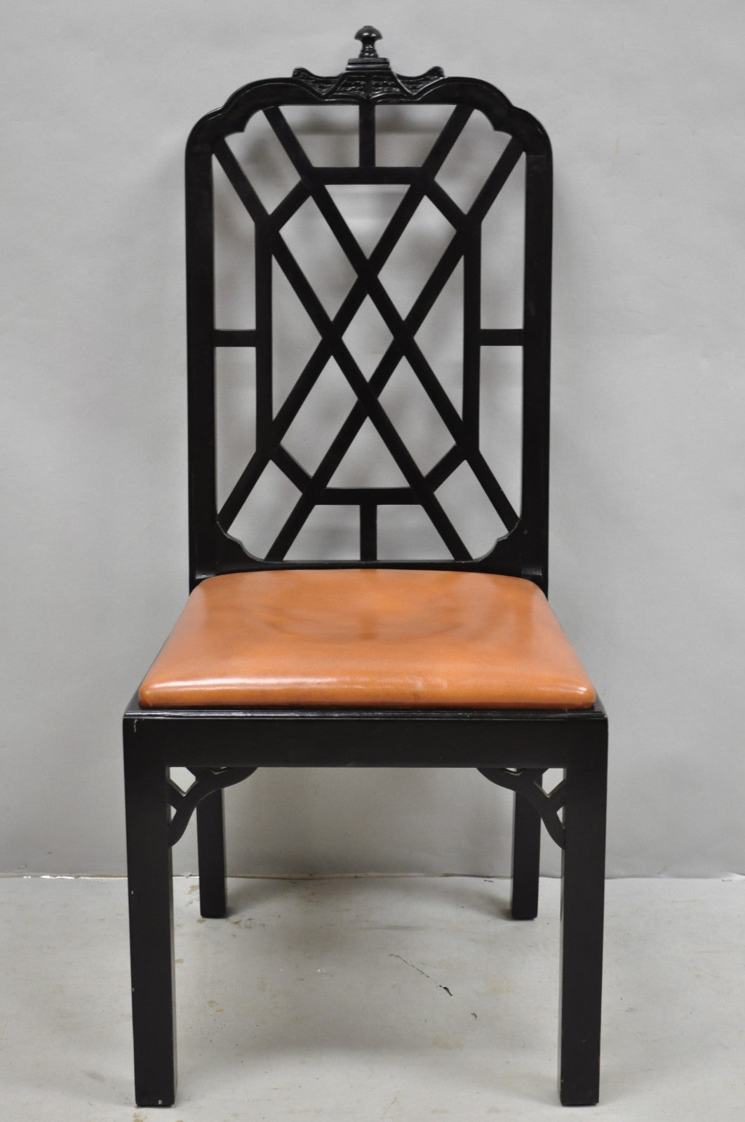 Vintage Chinese Chippendale Pagoda Fretwork Black Lacquer Dining Chair, Set of 4