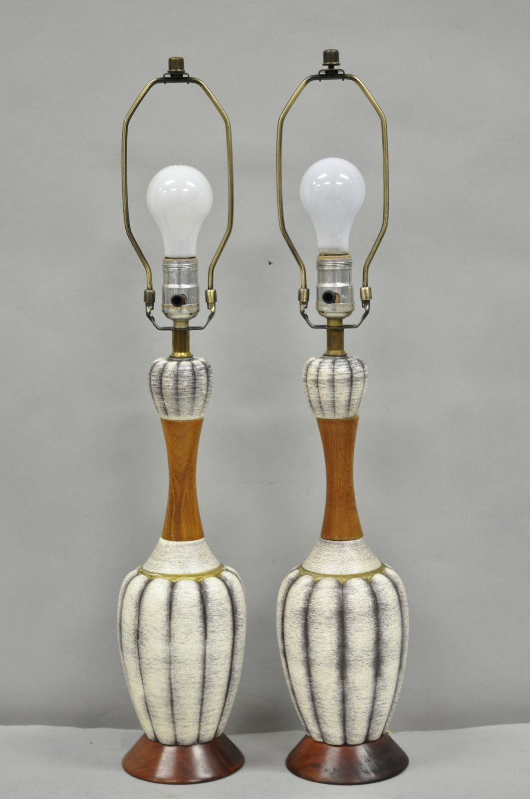 Vintage Mid Century Modern Walnut & Ceramic Small Sculptural Table Lamps - Pair