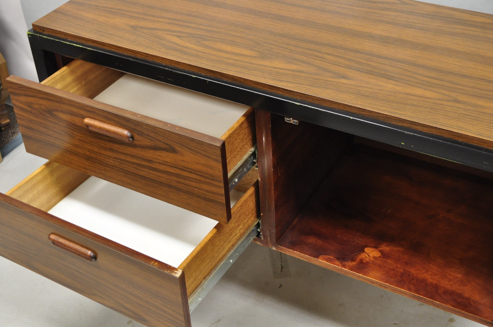 Vintage Mid Century Modern Faux Rosewood Laminate Steel Metal Credenza Cabinet