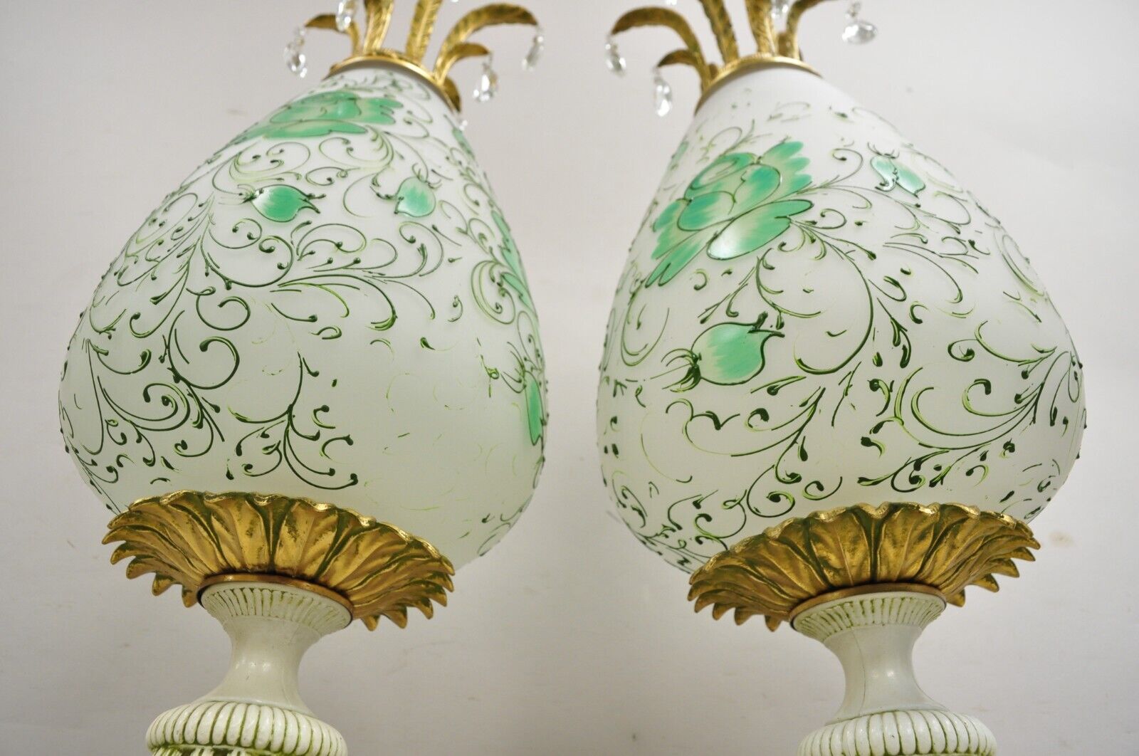 Vintage Italian Hollywood Regency Glass Pineapple Gold Metal Table Lamps - Pair