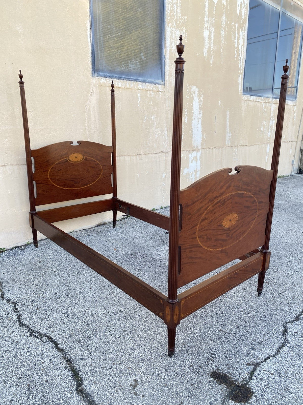 Antique Sheraton Federal Pinwheel Inlay Mahogany 4 Poster Twin Bed Frame - Pair