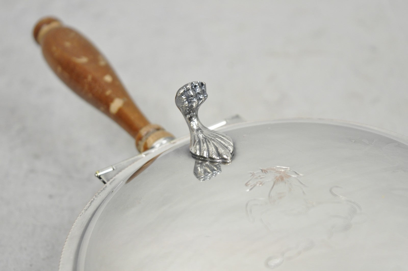 Vintage Sheffield Co Silver Plated Hinged Lid "Horse" Silent Butler w/ Broom