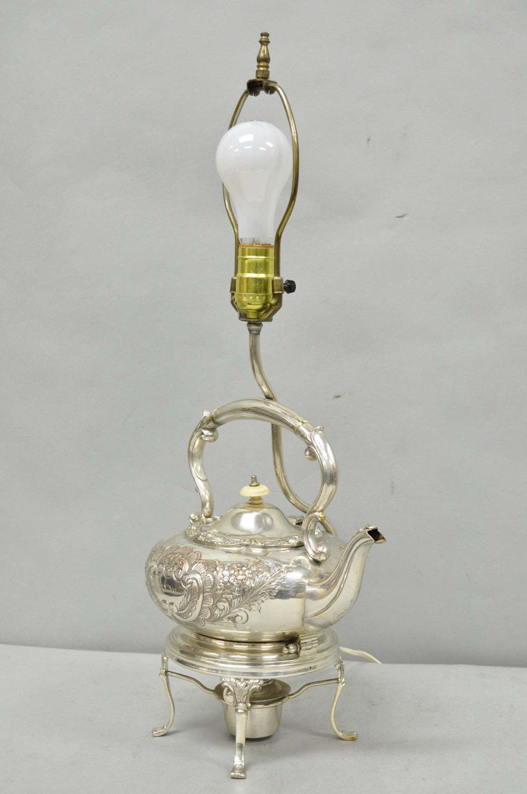 Antique Victorian Cheltenham Converted Silver Plated Tea Kettle Table Lamp