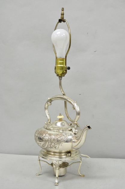 Antique Victorian Cheltenham Converted Silver Plated Tea Kettle Table Lamp