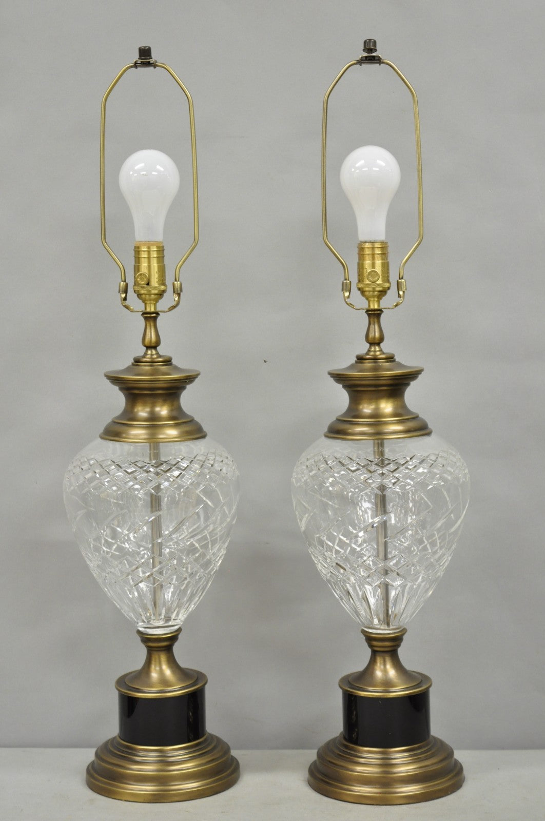 French Empire Cut Crystal Glass Urn & Brushed Brass Table Lamps by Wildwood Pair