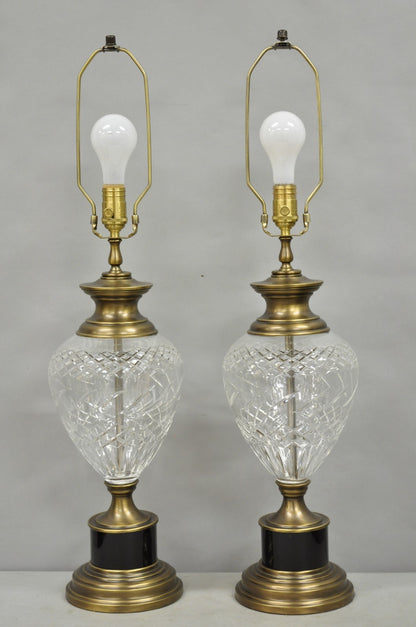 French Empire Cut Crystal Glass Urn & Brushed Brass Table Lamps by Wildwood Pair
