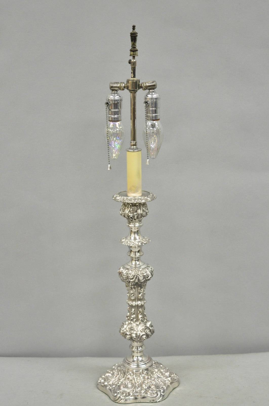 Antique English Victorian Silver Plated Scroll Repousse Candlestick Table Lamp