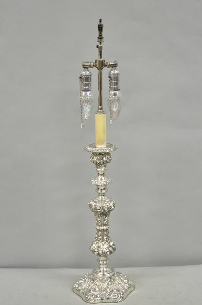 Antique English Victorian Silver Plated Scroll Repousse Candlestick Table Lamp