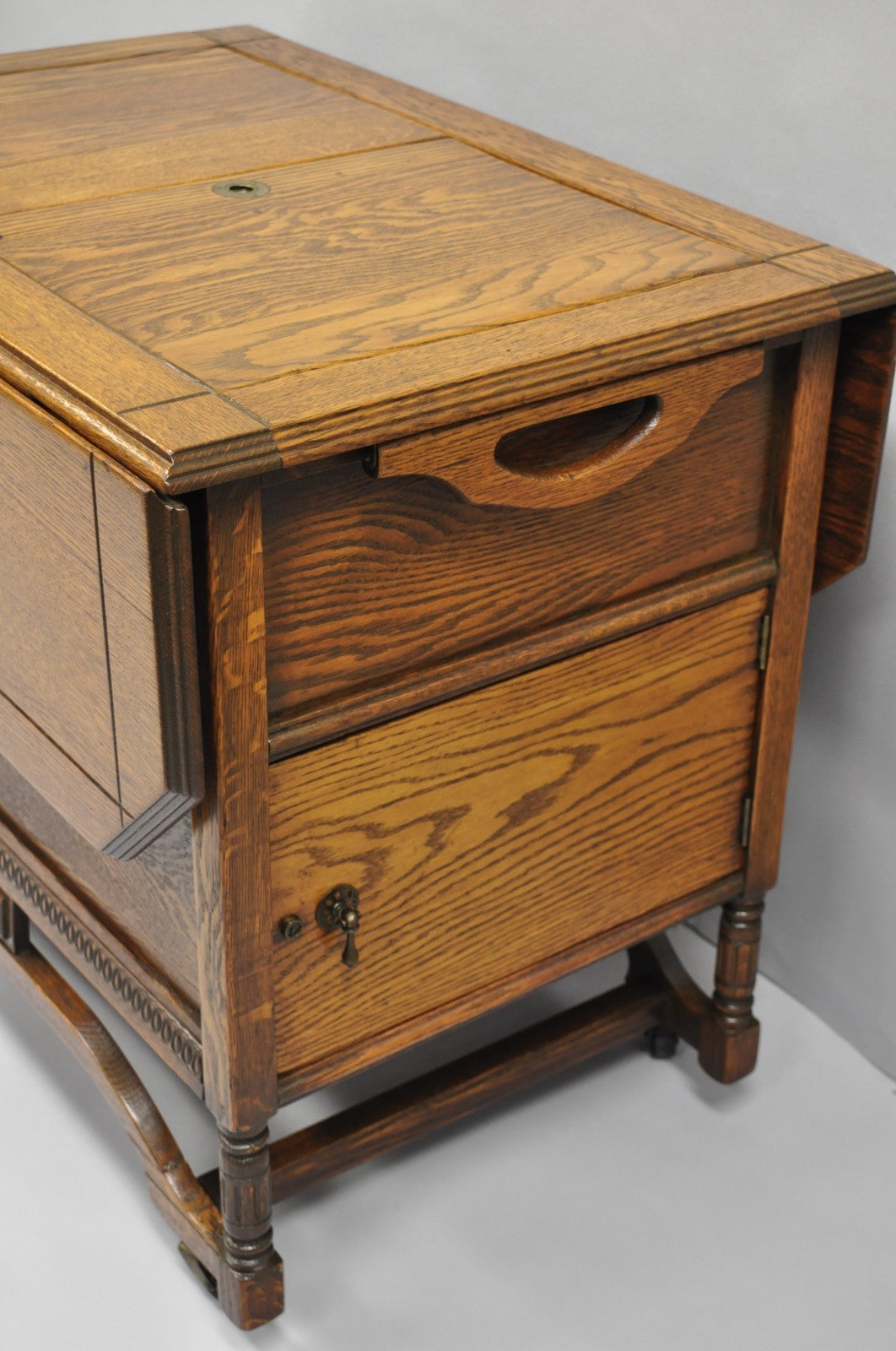 Antique Arts & Crafts Oak Wood Rolling Bar Cart Liquor Cabinet by Lammert's