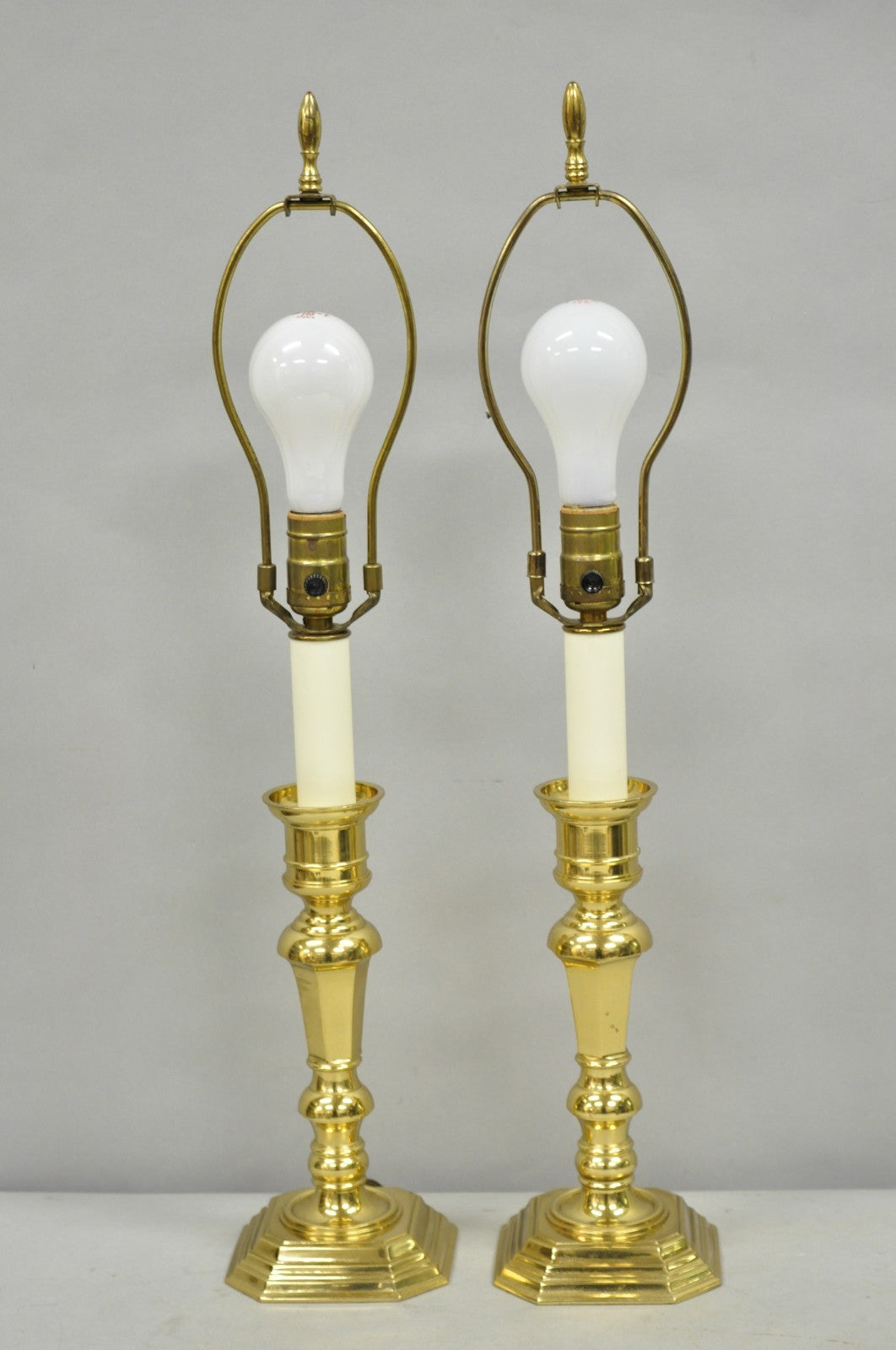 Vintage Federal Style Polished Brass Candlestick Small Vanity Table Lamps a Pair