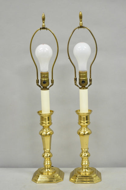 Vintage Federal Style Polished Brass Candlestick Small Vanity Table Lamps a Pair