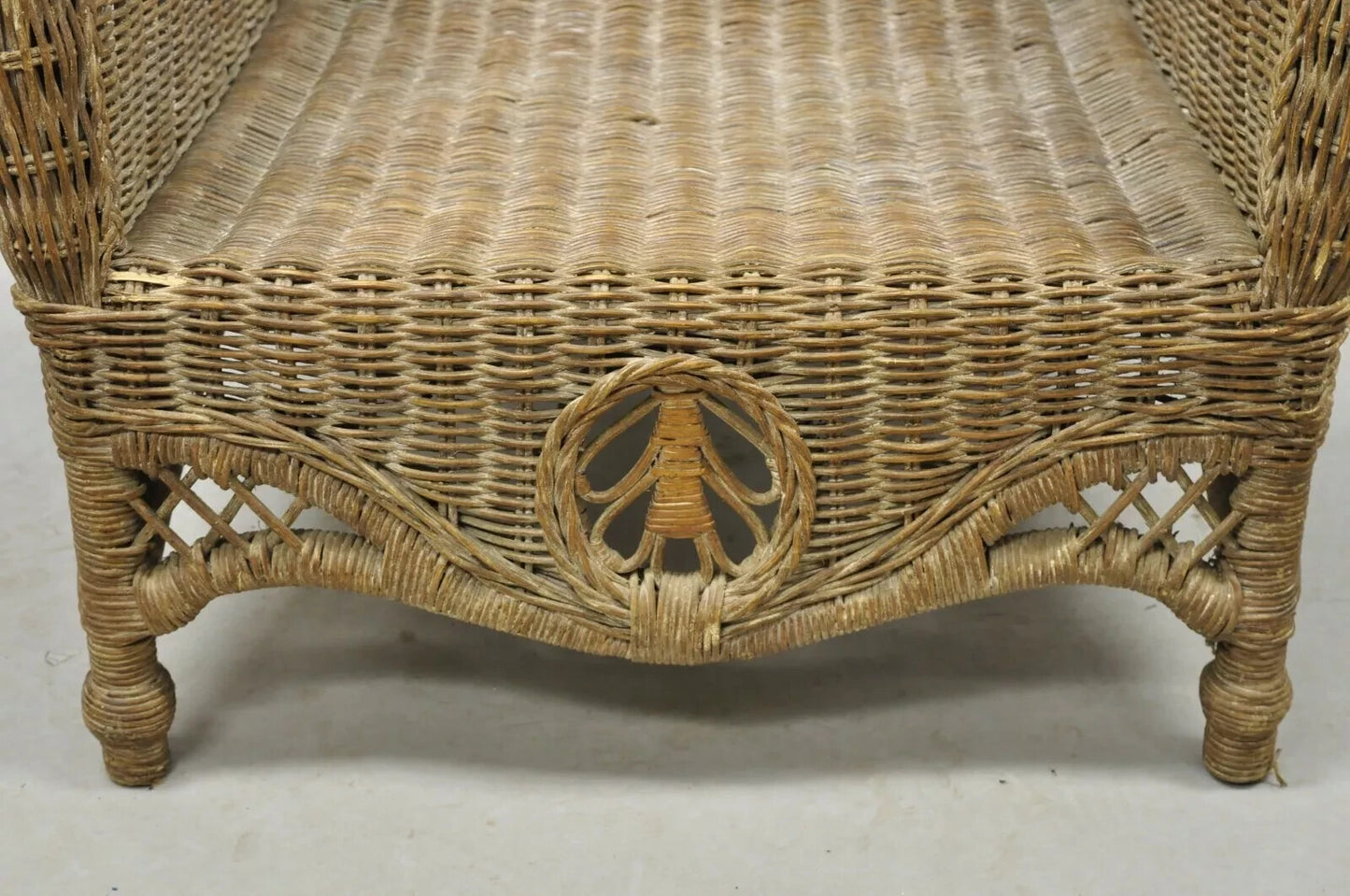 Vintage Victorian Style Large Woven Wicker Rattan Wingback Lounge Arm Chair