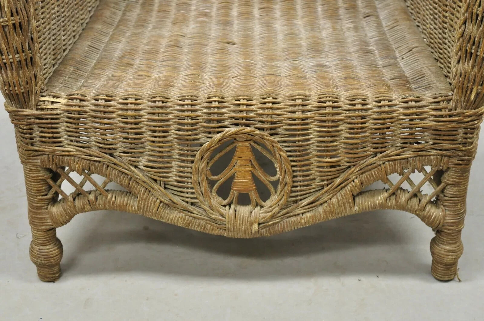 Vintage Victorian Style Large Woven Wicker Rattan Wingback Lounge Arm Chair