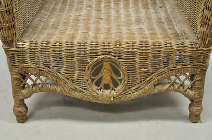 Vintage Victorian Style Large Woven Wicker Rattan Wingback Lounge Arm Chair
