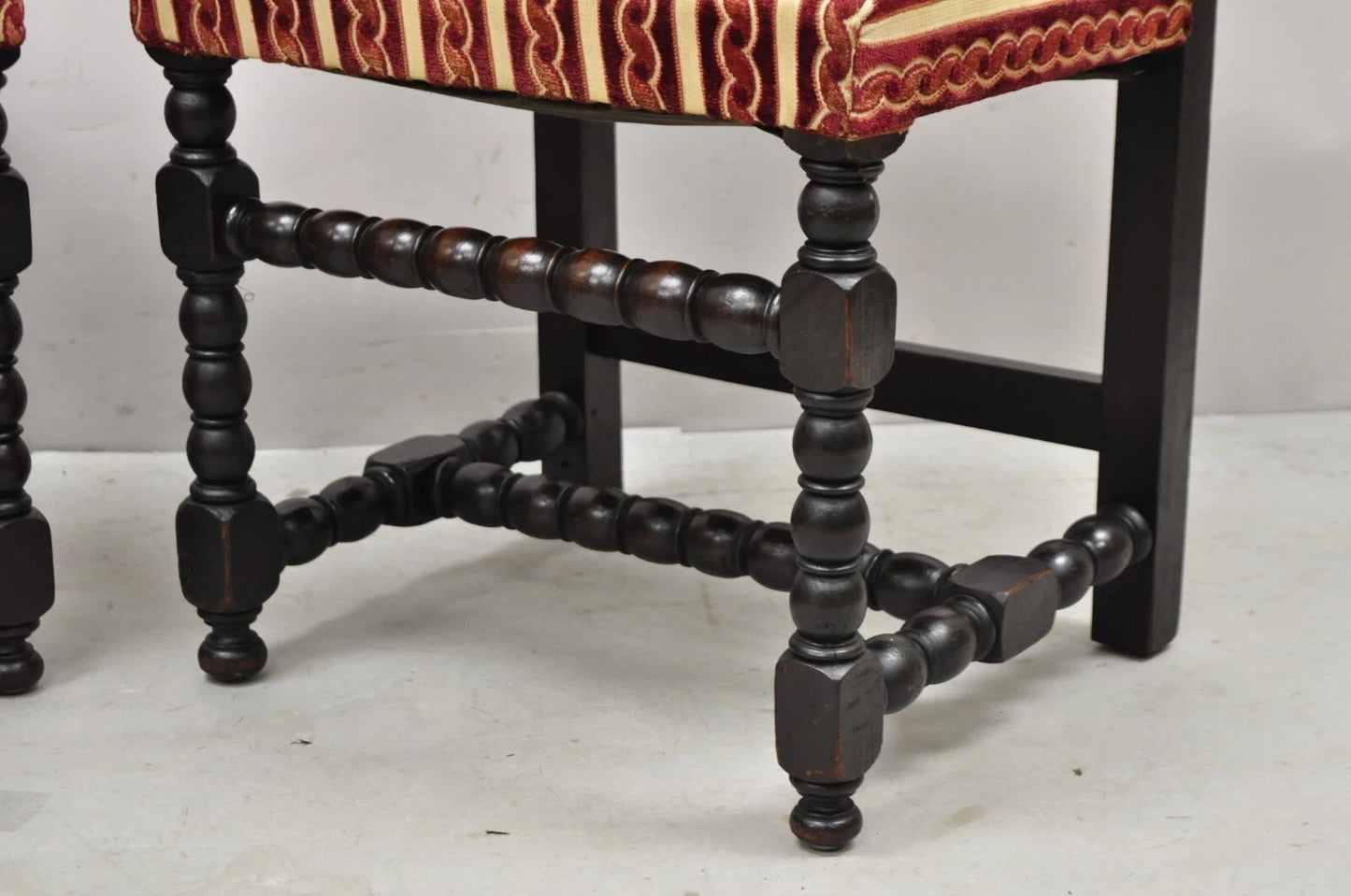 Antique Small Jacobean Style Turn Carved Walnut Accent Side Chairs - a Pair