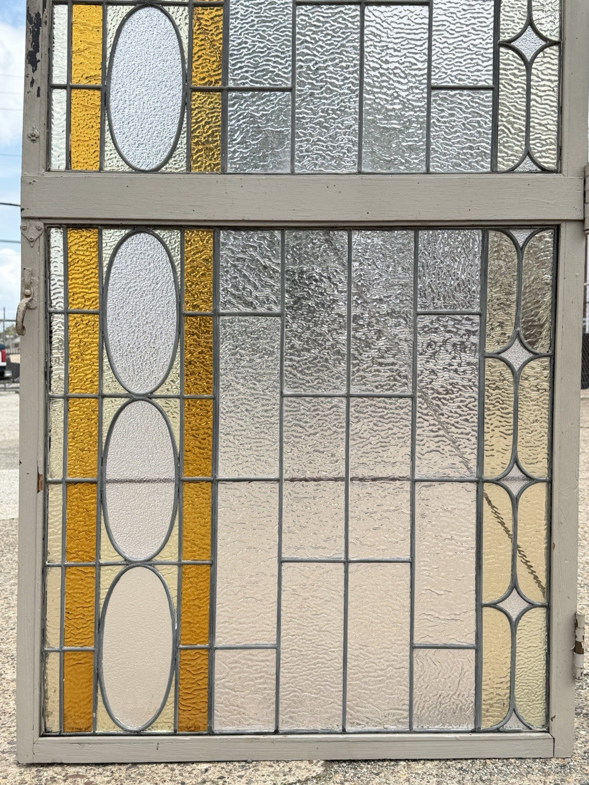 Antique Victorian Amber Stained Leaded Glass Double Window Converted to Door
