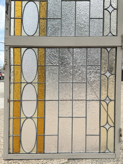 Antique Victorian Amber Stained Leaded Glass Double Window Converted to Door