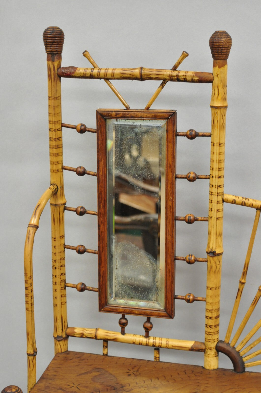 Antique English Victorian Stick and Ball Burnt Bamboo Curio Etagere Shelf Mirror
