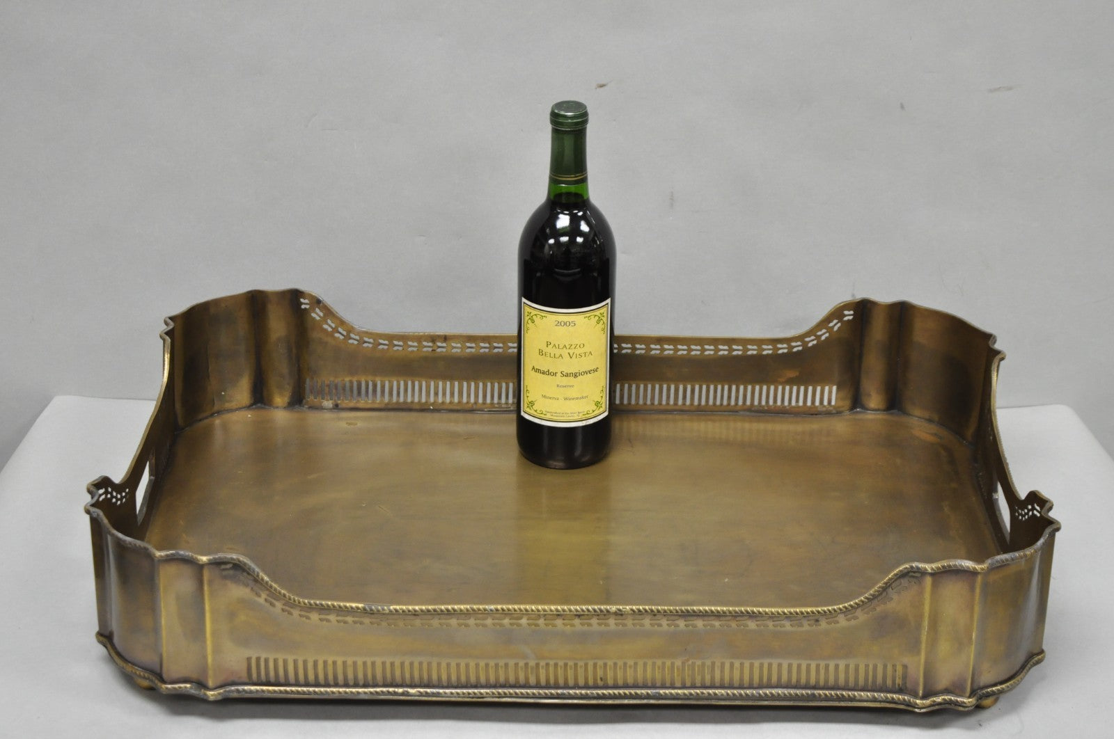 Contemporary Large Burnished Brass Serving Platter Butlers Bar Tray on Feet