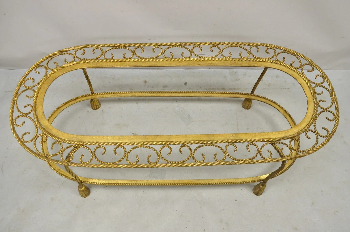 Italian Hollywood Regency Gold Gilt Iron Oval 2 Tier Rope Tassel Coffee Table