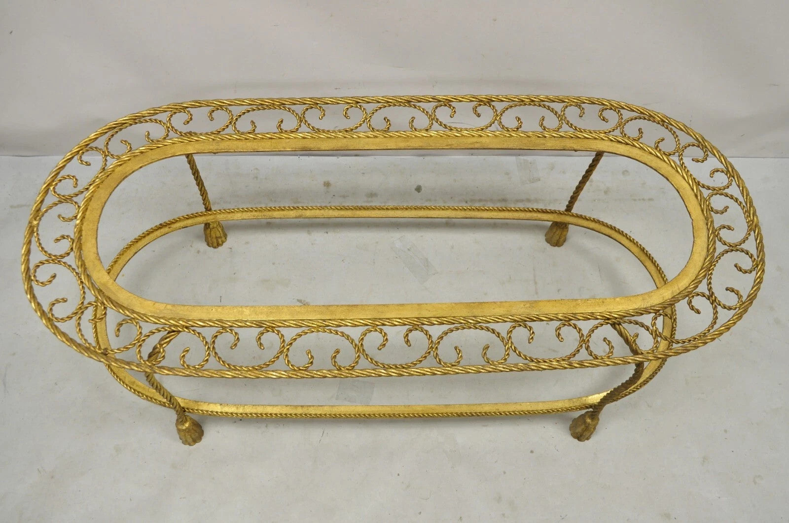 Italian Hollywood Regency Gold Gilt Iron Oval 2 Tier Rope Tassel Coffee Table