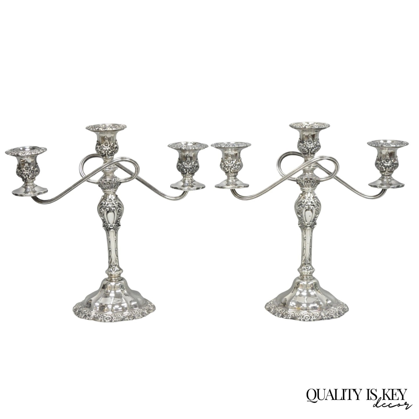 Vintage International Silver Co Countess Silver Plated 3 Arm Candelabra - Pair