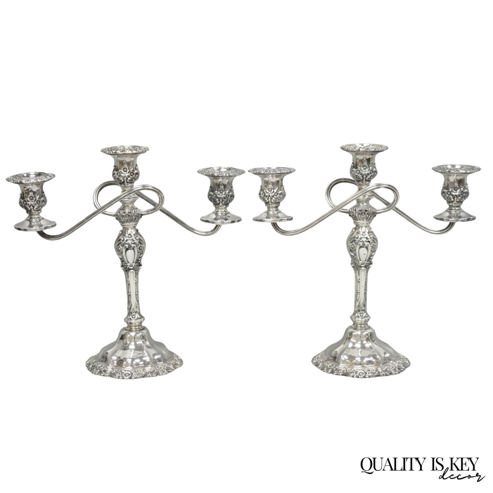 Vintage International Silver Co Countess Silver Plated 3 Arm Candelabra - Pair