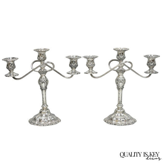 Vintage International Silver Co Countess Silver Plated 3 Arm Candelabra - Pair