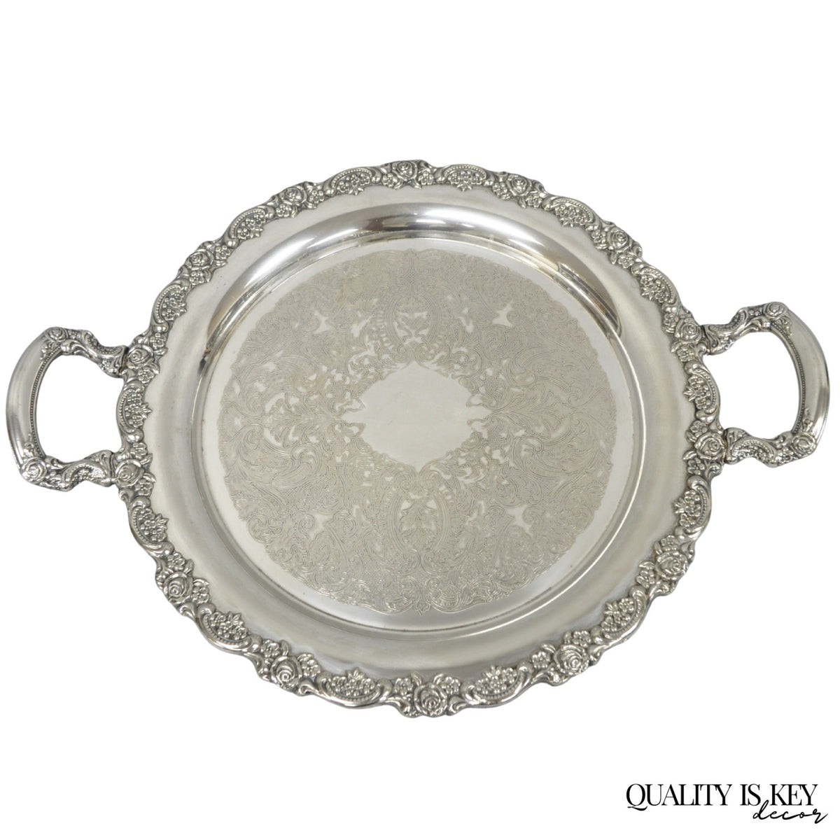 Vintage Oneida Victorian Round Silver Plated Serving Platter Tray w/ Handles