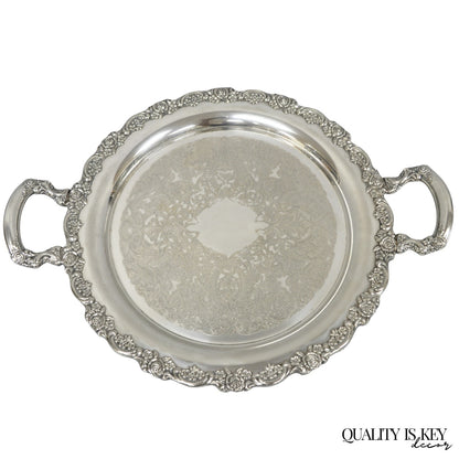 Vintage Oneida Victorian Round Silver Plated Serving Platter Tray w/ Handles