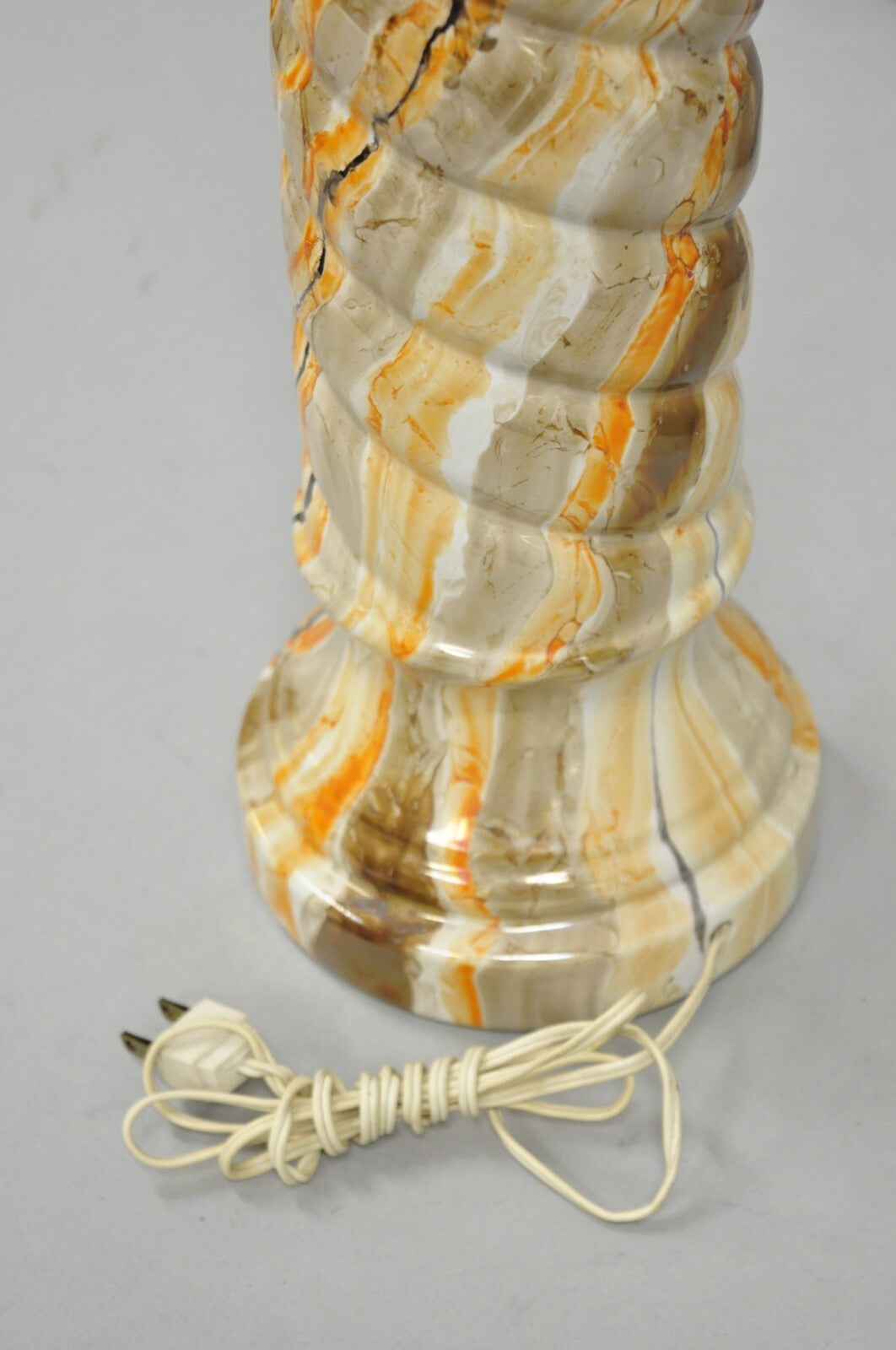 Vintage Mid Century Modern Glazed Pottery Orange Faux Marble Column Table Lamp