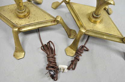 Antique Giacometti Style Brass Bronze Fleur de Lis Gothic Pole Floor Lamp - Pair