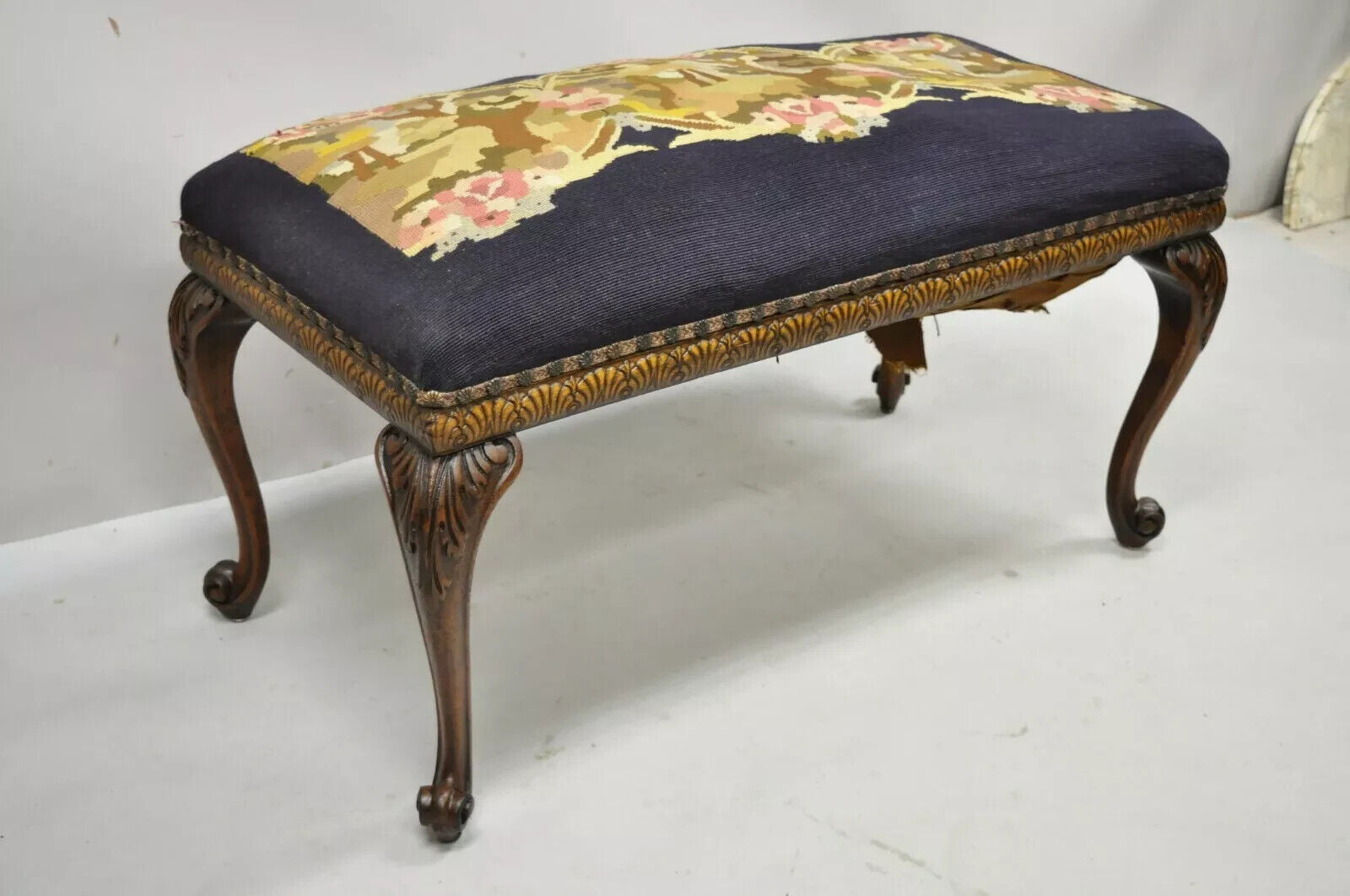 Antique French Victorian Needlepoint Carved Mahogany Cabriole Leg Bench