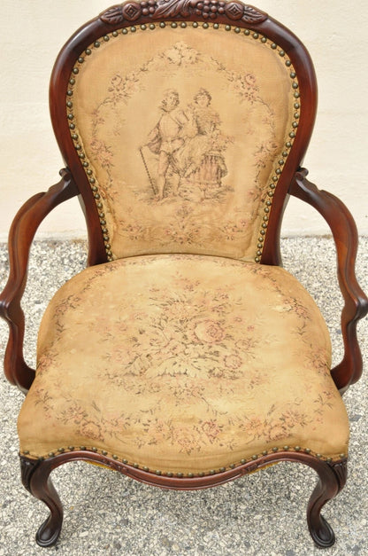 Vintage French Victorian Style Carved Mahogany Frame Lounge Parlor Arm Chair