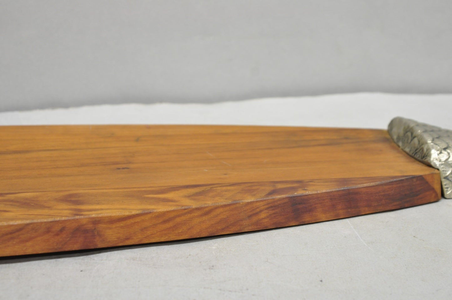 Vintage Mid Century Modern Teak Wood & Metal Fish Serving Platter Cutting Board