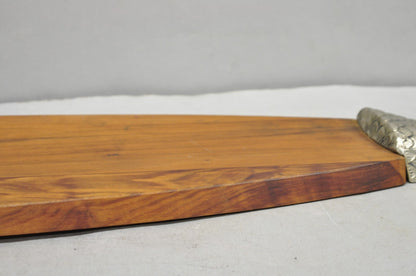 Vintage Mid Century Modern Teak Wood & Metal Fish Serving Platter Cutting Board