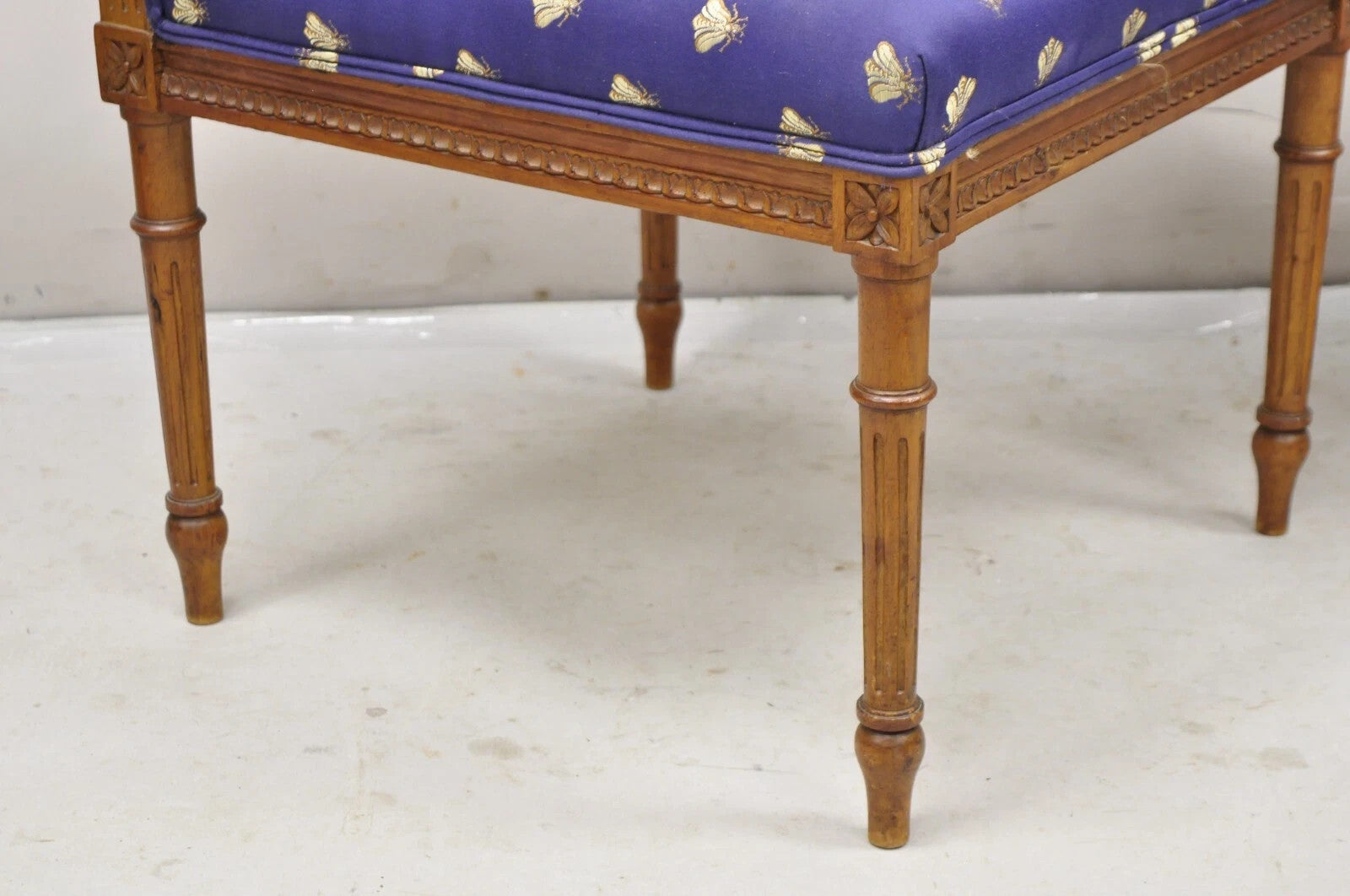 Antique French Louis XVI Style Carved Walnut Lyre Harp Corner Lounge Chair Pair