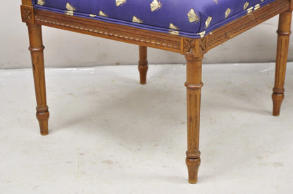 Antique French Louis XVI Style Carved Walnut Lyre Harp Corner Lounge Chair Pair