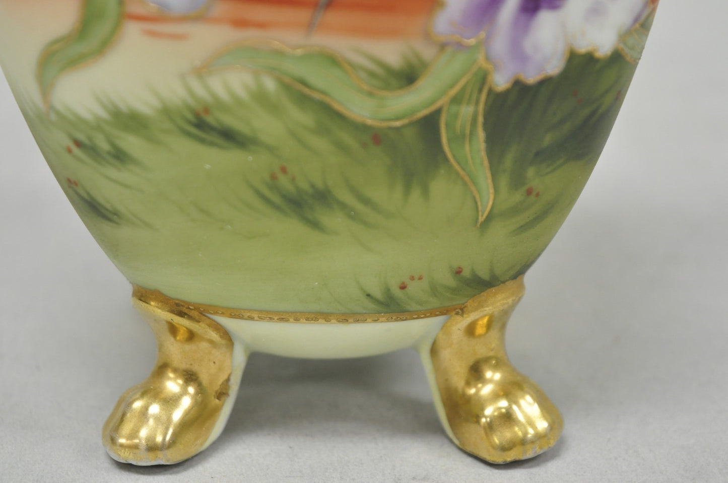 Antique Nippon Moriage Hand Painted Porcelain Purple Iris & Gold Gilt Vase Pair