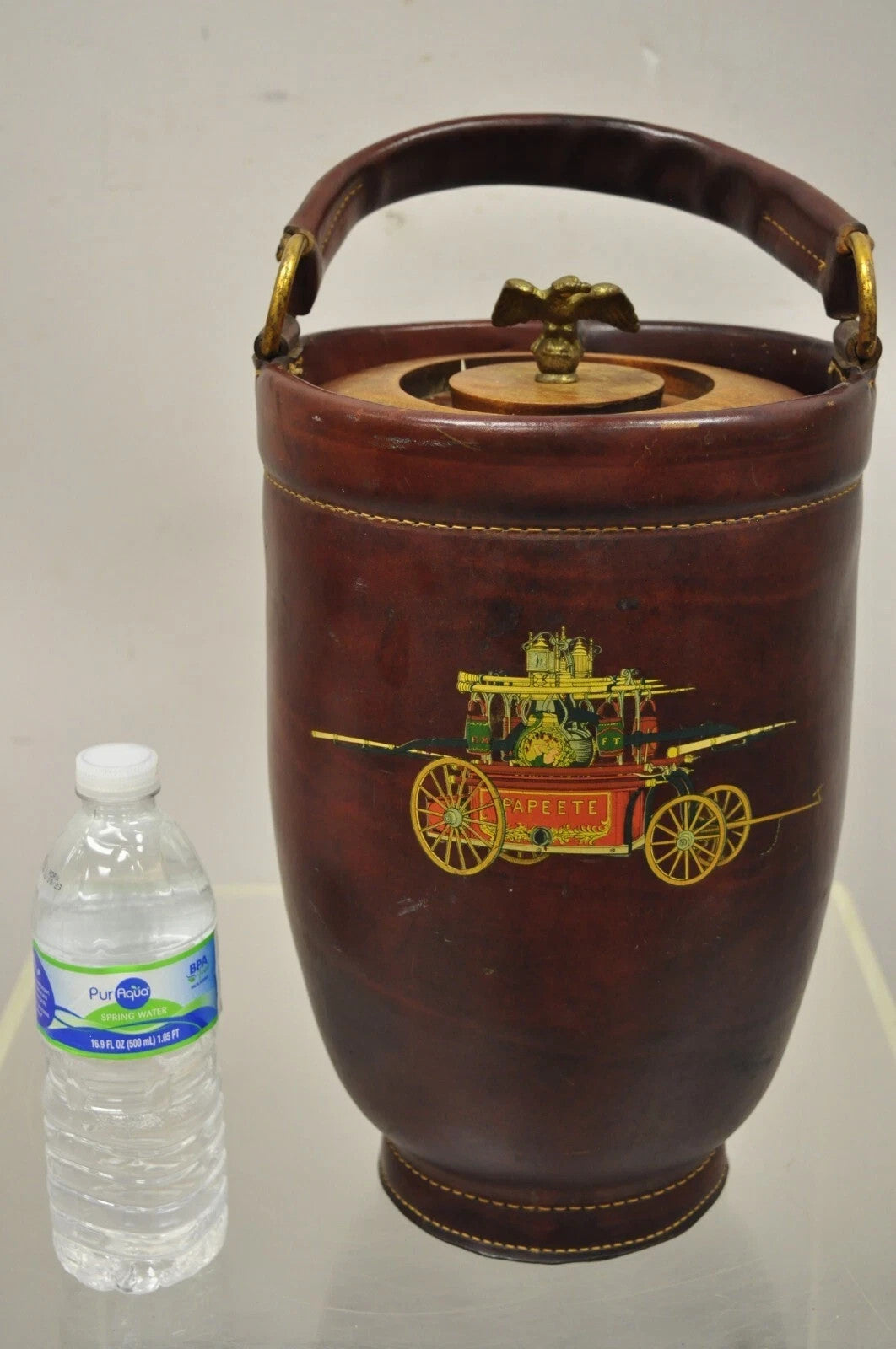 Vintage Loyal Papeete Firetruck Brown Leather Brass Eagle Handle Bar Ice Bucket