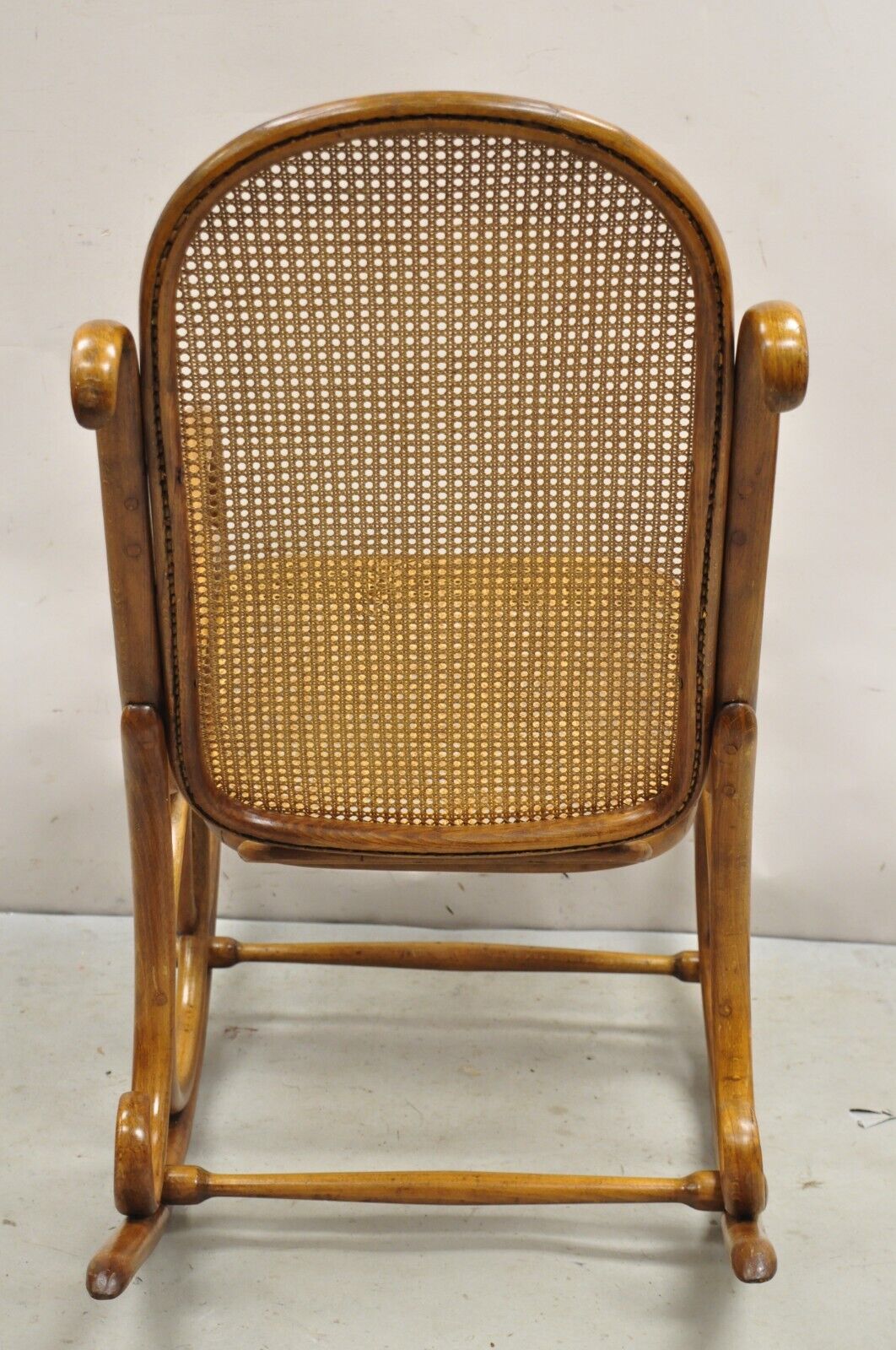 Vintage Michael Thonet Style Oak Cane Rattan Bentwood Rocking Chair Rocker