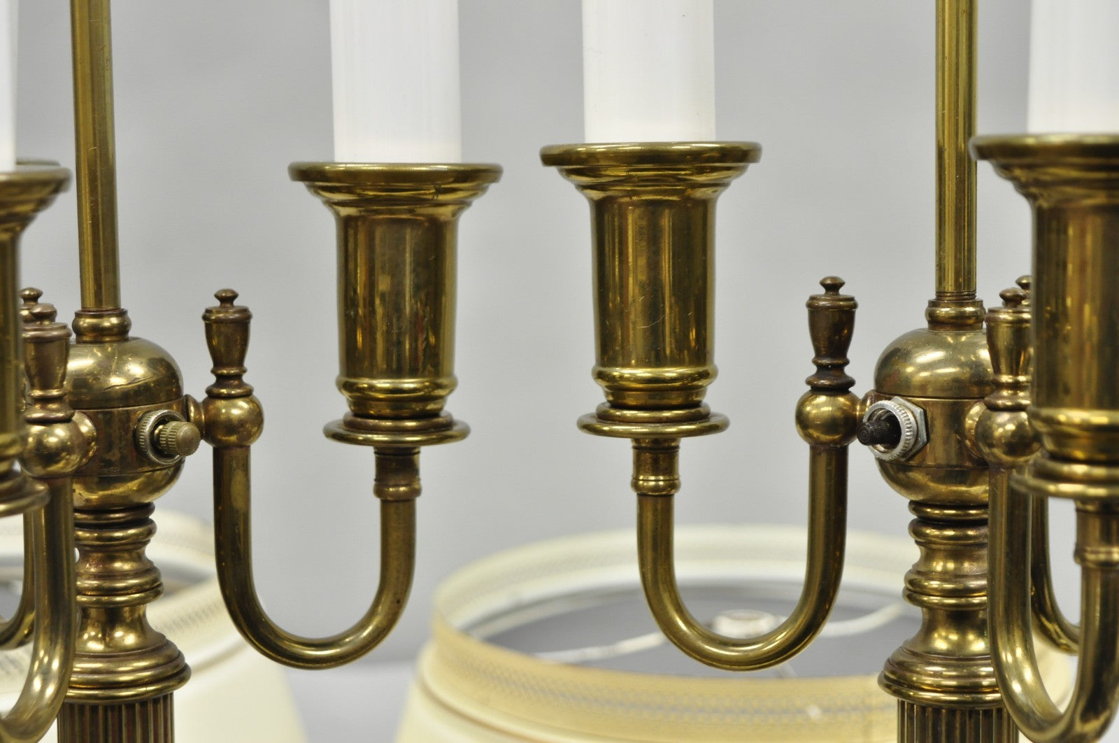 Vintage French Country Tole Metal Shade Brass Column Candelabra Table Lamps Pair