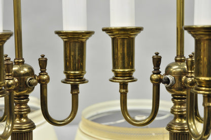 Vintage French Country Tole Metal Shade Brass Column Candelabra Table Lamps Pair