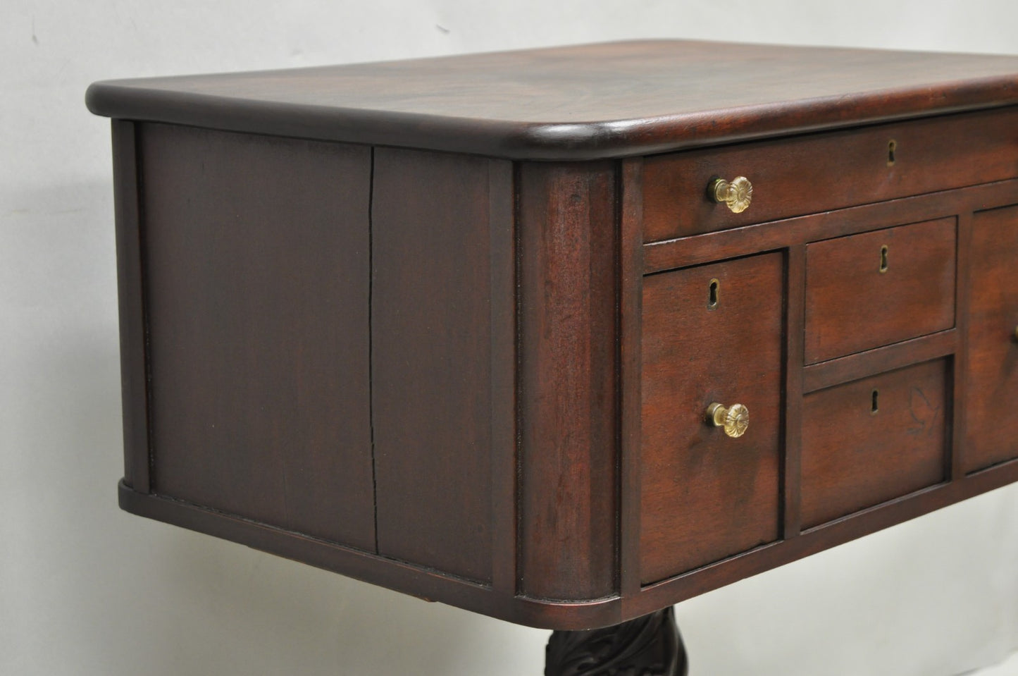 Antique American Empire Carved Paw Foot Pedestal Base Work Stand Side Table